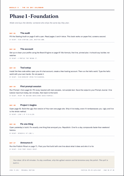 Calendar page of a real generated Personal Edition, dosed for 30 to 45 minutes a day