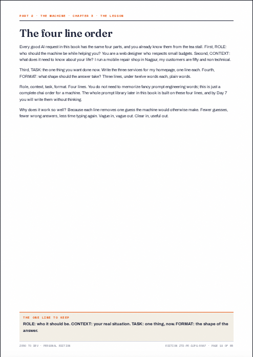 A teaching chapter page of a real generated Personal Edition: the four line order lesson