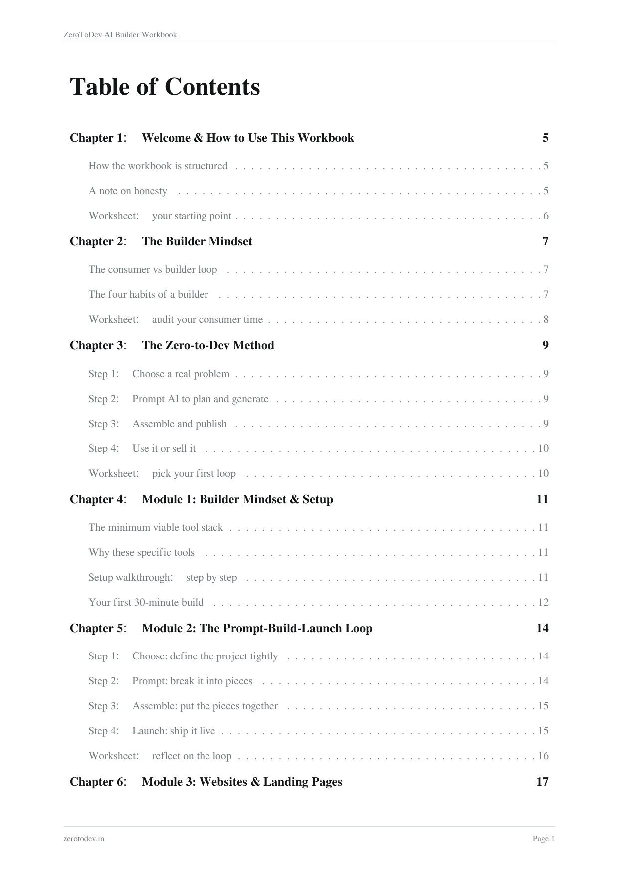 Table of contents page of the ZeroToDev workbook