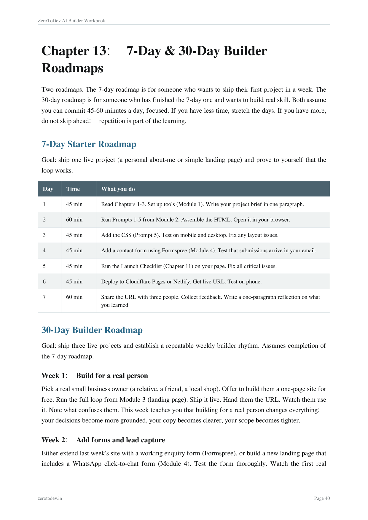 The 7 day and 30 day roadmaps written out day by day